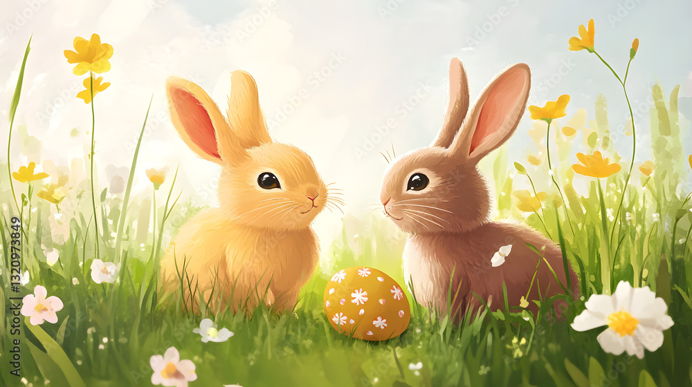 Fototapeta premium Delightful vector Easter bunny illustrations in charming, colorful spring scenes.