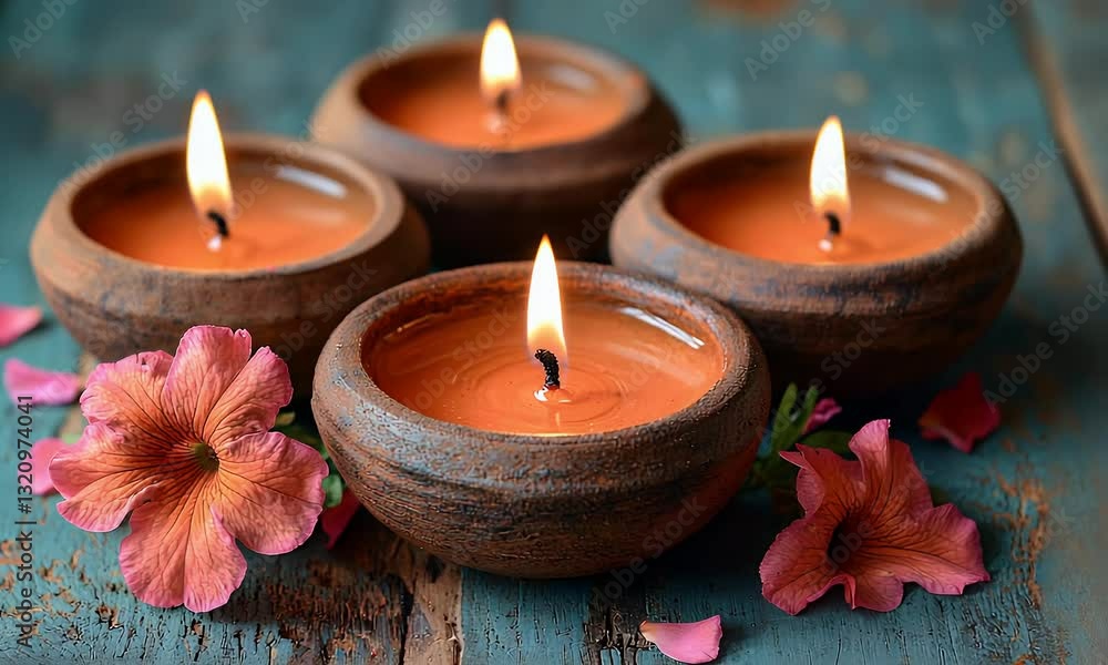 Four burning candles in rustic pottery, surrounded by flowers on weathered wood. Spa, relaxation, tranquility Four burning candles in rustic pottery, surrounded by flowers on weathered wood. Spa, relaxation, tranquility