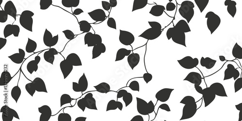 Black and white leaf pattern with vine silhouettes on a seamless background.