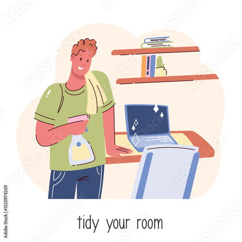 Man holding up spray bottle and rag to tidy room cartoon scene. Funny guy with happy smile cleaning furniture to shine, make organized tidy workplace. cleanup cartoon action vector illustration