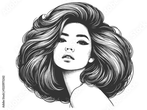 Asian woman with striking voluminous hair, showcasing elegance, beauty, and timeless fashion sketch engraving generative ai vector illustration. Scratch board imitation. Black and white image.
