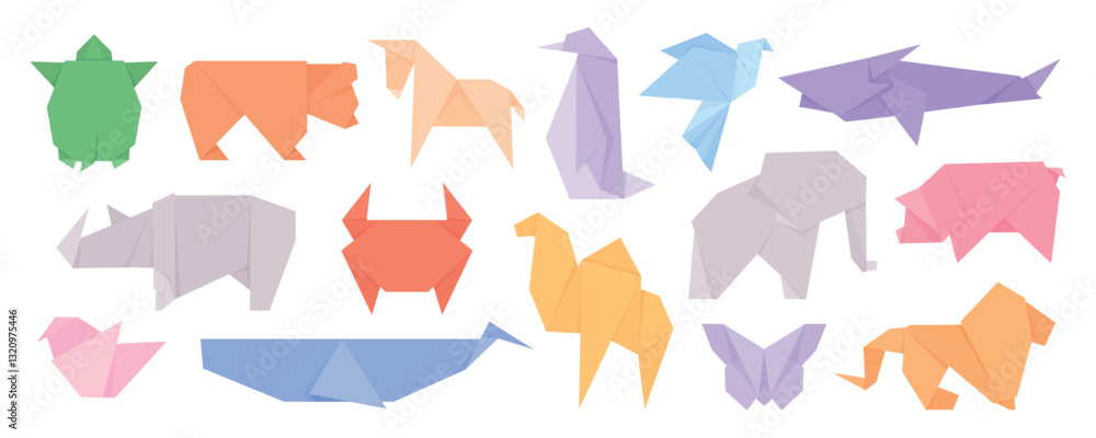 Fototapeta premium Colorful origami animals. Paper folding japanese art, animal abstract design. Bear crab butterfly camel bird and whale. Isolated racy vector elements