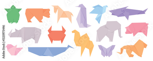 Colorful origami animals. Paper folding japanese art, animal abstract design. Bear crab butterfly camel bird and whale. Isolated racy vector elements