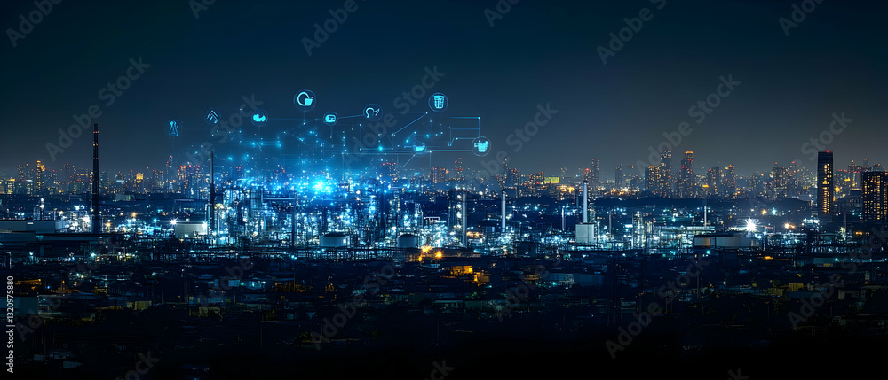 Night city, factory, data network Night city, factory, data network