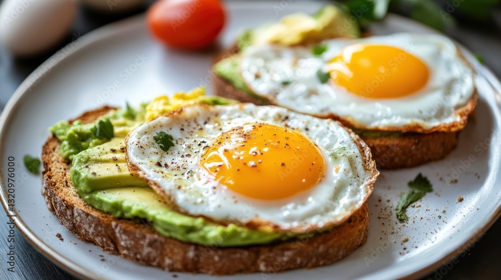 Fried eggs served on toast with avocado and fresh seasonings Fried eggs served on toast with avocado and fresh seasonings
