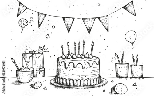 Simple black and white birthday cake illustration with candles and decorations.
