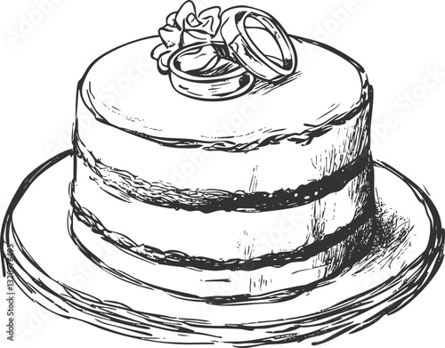 Hand-drawn illustration of a wedding cake with rings on top.