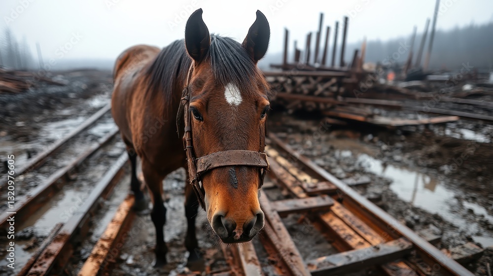 Fototapeta premium A brown horse gazes directly at the camera near a construction site, surrounded by muddy tracks and logs, embodying resilience and curiosity in its rugged environment.
