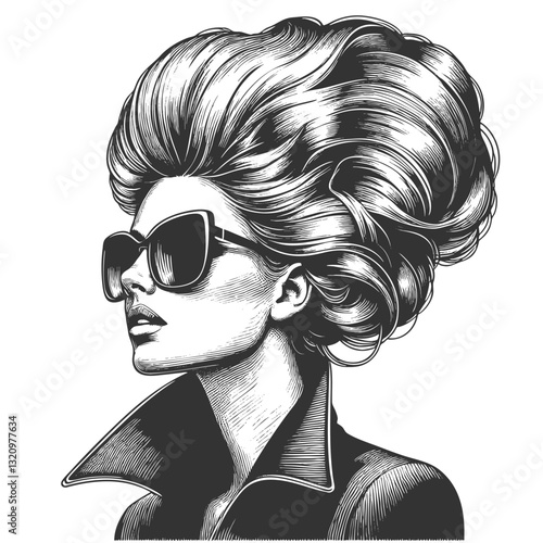 fashionable woman with voluminous hair wearing stylish sunglasses, exuding confidence and glamour sketch engraving generative ai vector illustration. Scratch board imitation. Black and white image.