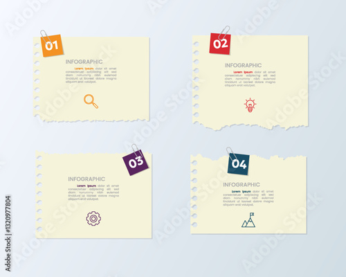 Vector illustration paper cut note infographic template with 4 options or step icons.