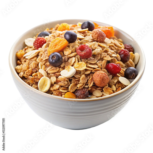 Bowl of Crunchy Granola Muesli Isolated on White Background
