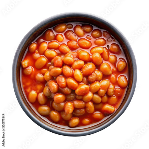 Baked Beans in Tomato Sauce Isolated on Black Background, Top View
