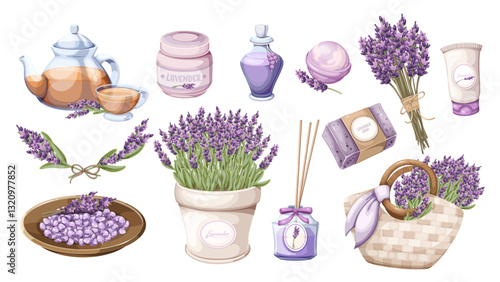 Lavender cartoon flowers and decorations set. Cute tea cup, cosmetics and perfume, bouquet in bag and vase. Gift, romantic plants of Provence mascots, cartoon lavender collection vector illustration