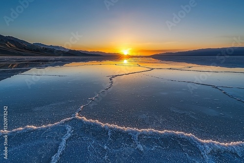 Majestic sunrise over Death Valley's Badwater Basin, creating stunning reflections on salt formations with mountains and clear sky, showcasing natural beauty.