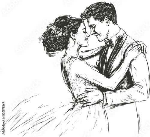 Elegant sketch of a bride and groom dancing at their wedding.