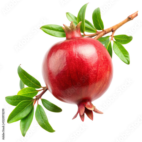 Pomegranate Fruit on Branch Isolated on White Background
