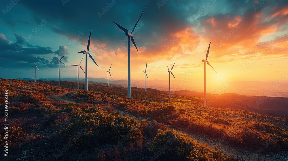 Obraz premium Vibrant Landscape of Wind Turbines Against a Stunning Sunset Sky with Colorful Clouds