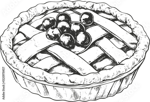 Black and white sketch of a fruit pie with a lattice crust.