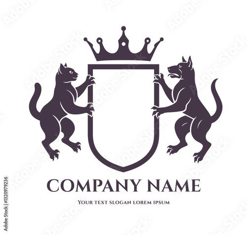 Empty heraldic shield with crown surrounded by cat and dog in the both sides.In center of the shield can be your logo or text. 