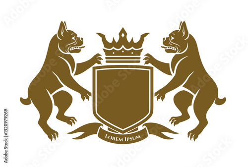 Golden yellow heraldic shield with crown surrounded by two French Bulldogs in the both sides.In center of the shield can be your logo or text.