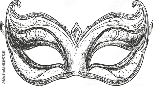 Intricately designed Venetian masquerade mask in black and white illustration.