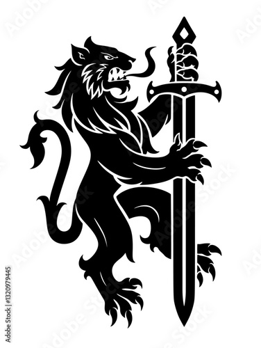 Canvastavla Black heraldic lion holding the sword in its paws