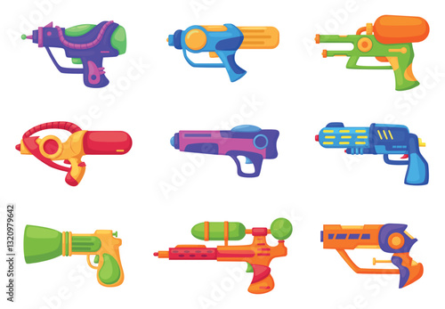 Children gun toys. Plastic bright guns, watergun, blaster. Isolated kids toy for active play, pistols and raygun. Fake shooting game accessories, nowaday vector set