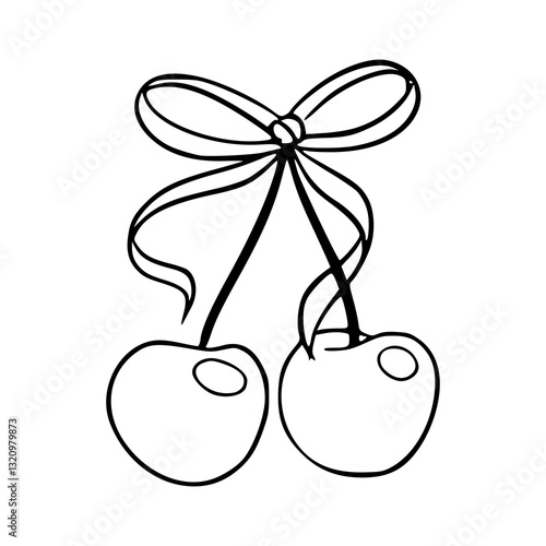 cherries with bow line art vector illustration