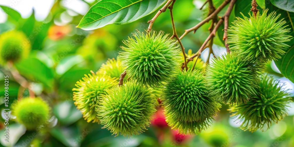 Unripe Rambutan Close-Up: Green Tropical Fruit on Branch, Nature Photography, Asian Fruit, Southeast Asian Plants Unripe Rambutan Close-Up: Green Tropical Fruit on Branch, Nature Photography, Asian Fruit, Southeast Asian Plants