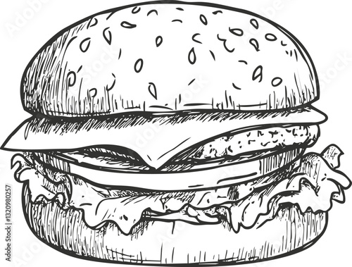 Hand-drawn sketch of a cheeseburger with lettuce and sesame seed bun.