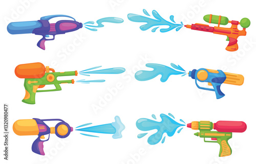 Water guns. Plastic bright gun spray water drops, childish toys for songkran, summer active beach games. Pistols with splashes, nowaday vector set