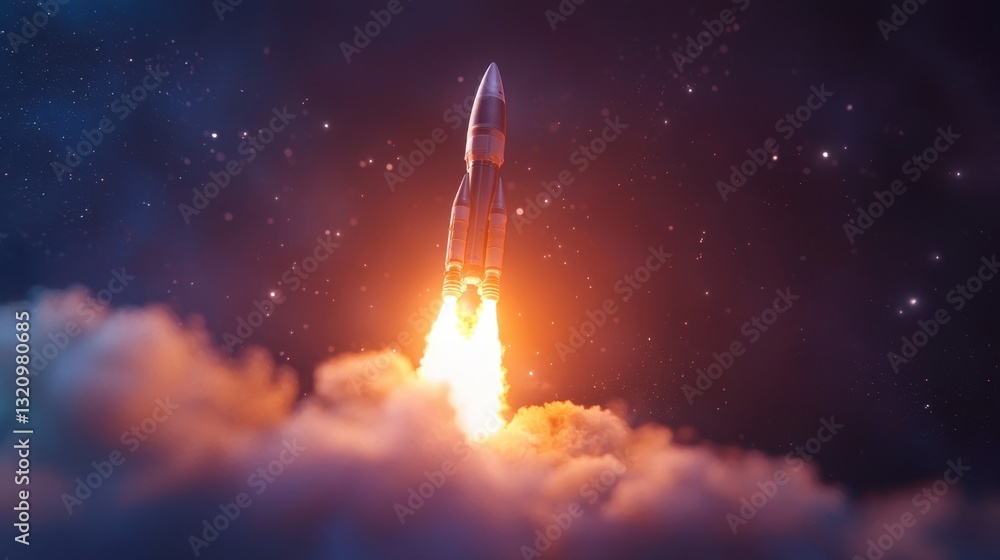 Naklejka premium Powerful rocket launch with bright flames ascending through the night sky, creating a stunning visual of space exploration and technology in action