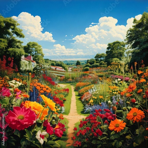 A garden display of colourful flowers fills the garden, against a bright blue sky and lush greenery. 
