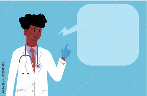 illustration of a doctor explaining and pointing his index finger for a hospital background