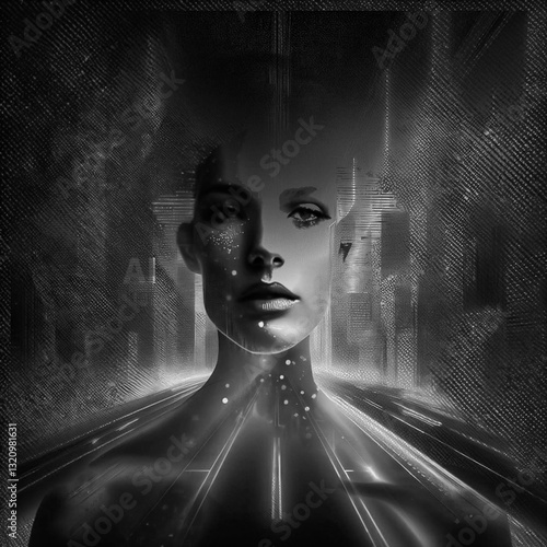 A digital artwork features a glowing humanoid figure surrounded by vibrant lights invoking a sense of technology and futurism. 