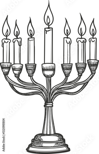 Illustration of a menorah with lit candles in a sketch style.
