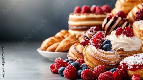 Wallpaper Mural A stunning display of delicious pastries, topped with fresh berries and cream, creating an inviting and colorful dessert scene perfect for any sweet tooth. Torontodigital.ca