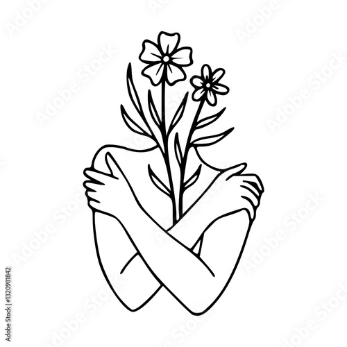 self-love woman with flowers line art vector illustration