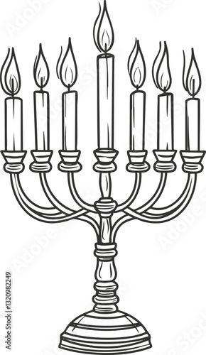 Line art illustration of a menorah with seven lit candles.