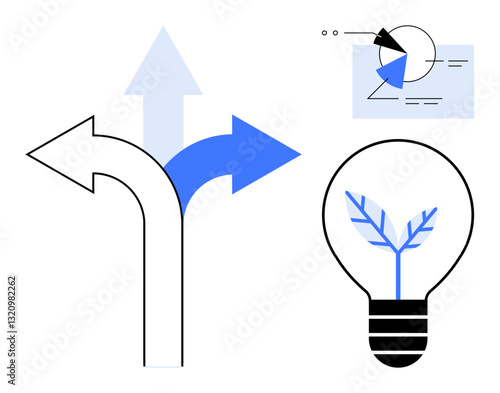 Arrows splitting in directions alongside a lightbulb featuring a plant, charts, and data. Ideal for innovation, choices, sustainability, creativity, strategy progress analytics. Flat simple