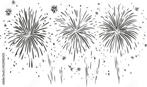 Black and white fireworks illustration depicting a festive celebration.