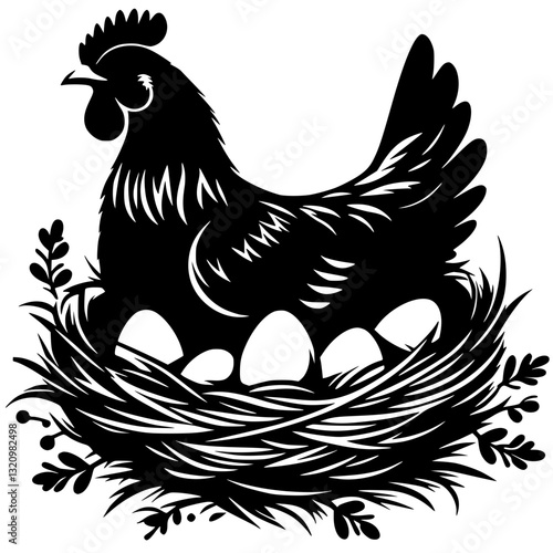 Silhouette of a hen laying eggs