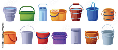 Different cartoon buckets. Plastic metal bucket with water and empty. Closed waste and mop containers, cleaning service and garden equipment, nowaday vector set