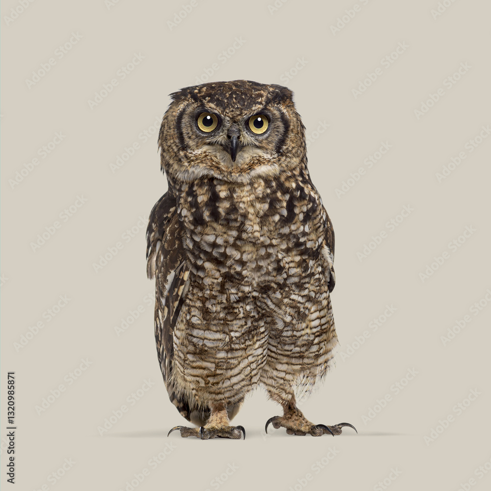 Naklejka premium Studio shot of a beautiful spotted eagle owl standing against a light grey background