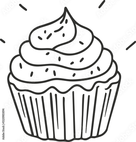 Simple black and white cupcake illustration with frosting and decorative lines.