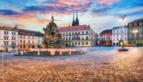 Panorama of Zeleny trh square and cathedral Petrov at dramatic sunset. Czech Republic photo