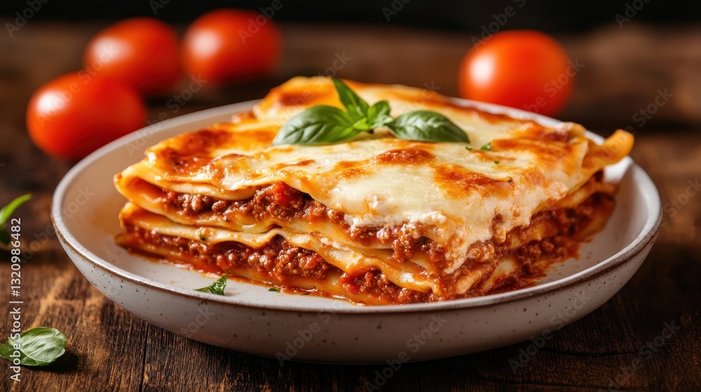 A delicious serving of lasagna layered with rich ingredients and garnished, representing the comfort and warmth of home-cooked meals in a rustic setting. A delicious serving of lasagna layered with rich ingredients and garnished, representing the comfort and warmth of home-cooked meals in a rustic setting.