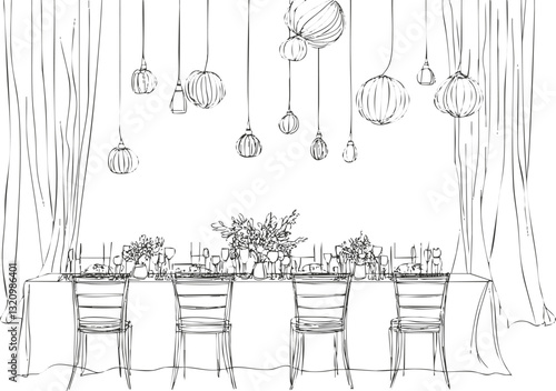 Elegant dining table setup with floral decor and hanging lanterns.
