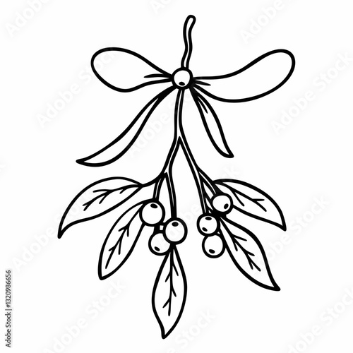 Hand Drawn Mistletoe Branch with Berries and Bow Festive Holiday Illustration