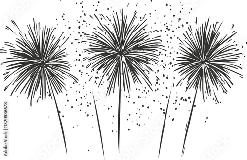 Monochrome illustration of fireworks bursting in the sky.